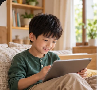 Bé trai đọc trên máy tính bảng cùng Hǔhǔ.