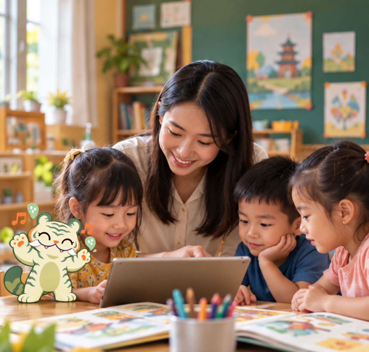Giáo viên cùng các bé khám phá nội dung học tập, có Hǔhǔ đồng hành.