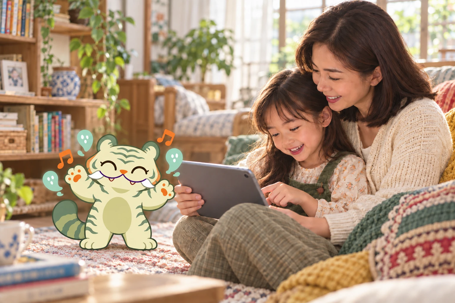 Bé đọc truyện trên máy tính bảng cùng Hǔhǔ, người bạn hổ minh họa.