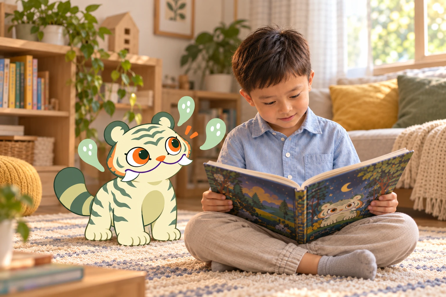 Một em nhỏ đọc truyện cùng Hǔhǔ.
